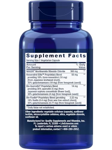 life extension nad cell regenerator and resveratrol elite nicotinamide riboside trans-resveratrol quercetin fisetin heart health healthy aging vegetarian non-gmo gluten free 30 capsules