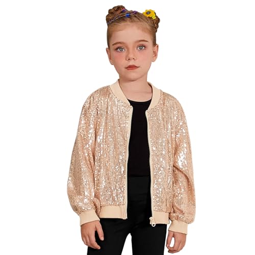 Mirawise Girls Sequin Jacket Kids Bomber Long Sleeve Zip Up Sparkle Clothes Dance Outfit with Pockets 6-13Y