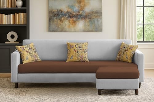 Image of Casaliving Premium Lifestyle Fabric 5 Seater L Shape Sofa Set 4 Seater Modern Sofa Set & Ottoman for Living Room (Brown Grey Color)