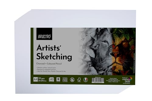 Image of Brustro Artists Sketching Paper | 110 GSM, A4 Size, Pack of 40 Sheets | Medium Surface, Natural Grain, Chlorine Free, Ideal for Pencil, Drawing, Charcoal, Art, Pen, Pastel, Ink