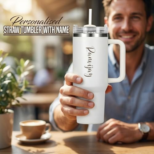 Image of SAVRI Customized Tumbler with Name, 1200 ML Stainless Steel Travel Mug with Straw, Lid & Handle, Personalised Sipper Water Bottle for Women, Men & Girls, Anniversary Birthday Gift for Office & Gym Use
