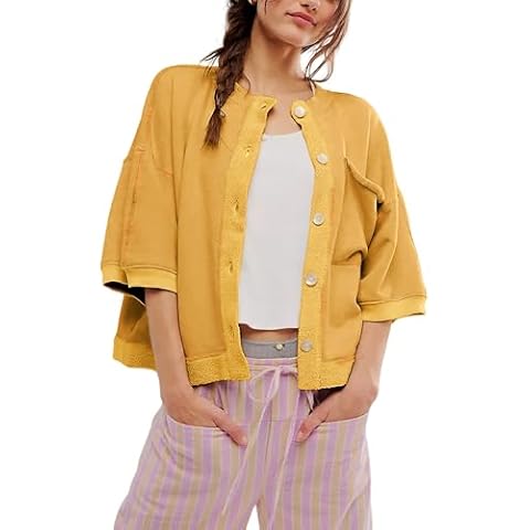 Bankeng Women's 3/4 Sleeve Cropped Cardigan Button-Down Crewneck Oversized Sweatshirt(Yellow,XS) Cover