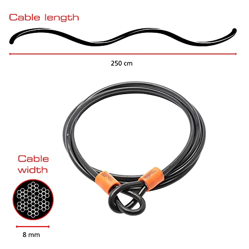 Burg-Wächter 825C 8mm x 2.5m Double Loop Vinyl Coated Multi-Stranded Braided Steel Cable with Self Coiling-Black