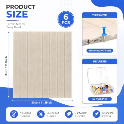 Image of Amzon Basics 6-Piece Felt Bulletin Board, 30 x 30 cm Self-Adhesive Wall Panels with 50 Push Pins, Felt Notice Board for Notes, Photos, Reminders and Schedules - Beige