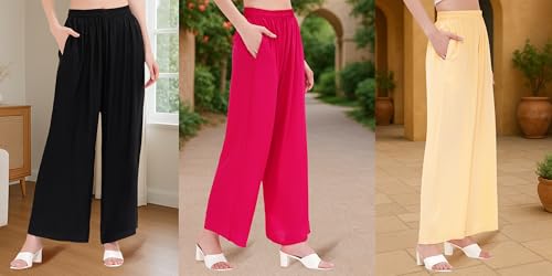 Image of Buy That Trendz Palazzo Pants for Women Rayon Elasticated Regular Fit Flared Wide Leg M to 6XL Pack of 3