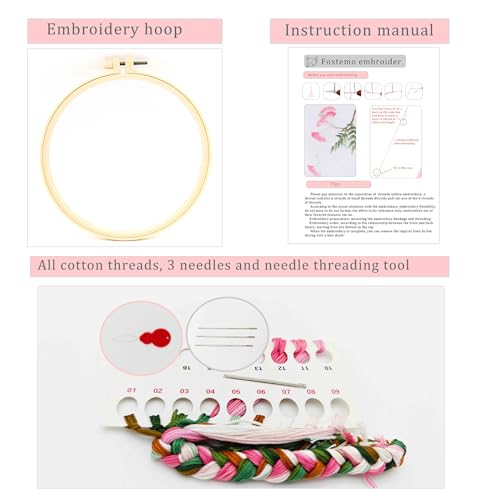 Image of FOXTEMO Embroidery Kit for Beginners Adults, 1 Pack 20CM Embroidery Hoops, Acacia Embroidery Pattern Beginner Embroidery Kit with Needles and Thread Included for Adults Kids