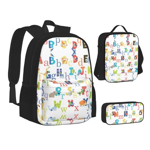 Colourful Animal Alphabet Print 3 Piece Set Backpack, Lunch Bag, Pencil Case, Cute Sturdy For College And Travel2