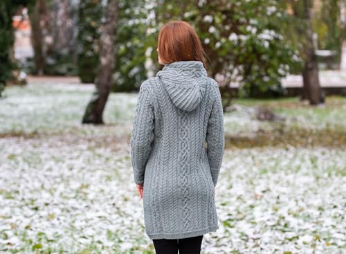 Image of SAOL Ladies Irish Aran Zip Cardigan - 100% Merino Wool Coat with Pockets and Hood, Made in Ireland