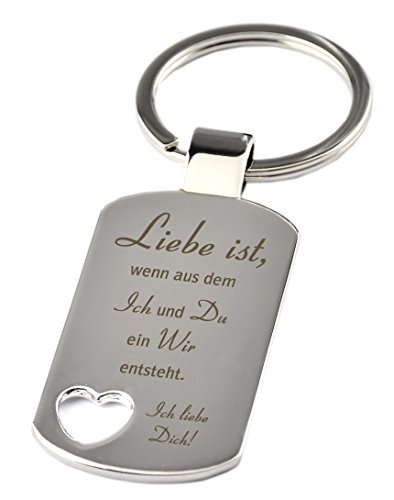 Schlüsselanhänger mit Herzauschnitt und Gravur"Liebe ist, wenn aus dem Ich und Du ein Wir entsteht" - Chrom - als Geschenk zum Valentinstag, Geburtstag oder zu Weihnachten