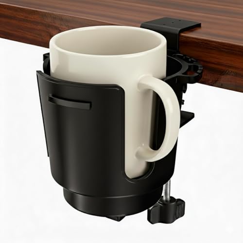 Desk Cup Holder with Large Metal Clamp, Fits Maximum Diameter of 3.38 inches Bottles, Anti-Spill Cup Holder Suitable for Tables, Porch Swings, and Patio Chairs. (Large)