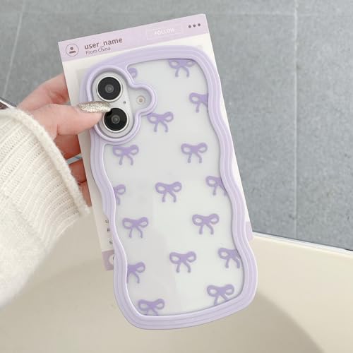 QLTYPRI Bow Case for iPhone 17, Clear Cute Ribbon Bow Phone Case Curly Wavy Aesthetic Phone Cover, Slim Soft Transparent Shockproof Protective Cover for Women Girls - Purple