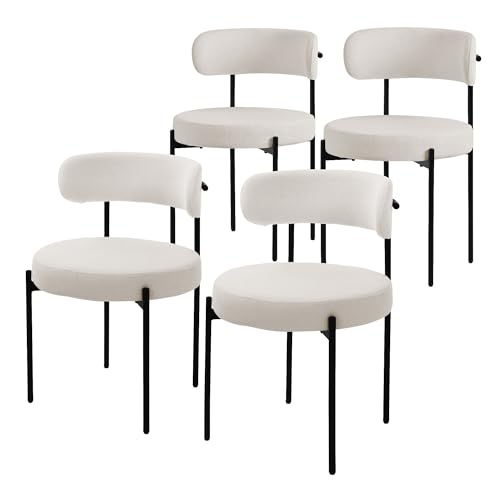 ML-Design Esszimmerstühle 4er Set, Küchenstuhl aus Teddystoff Weiß, Wohnzimmerstuhl mit Rückenlehne, Polsterstühle mit schwarzen Metallbeinen, Loungesessel ergonomisch, Stühle für Esszimmer/Wohnzimmer