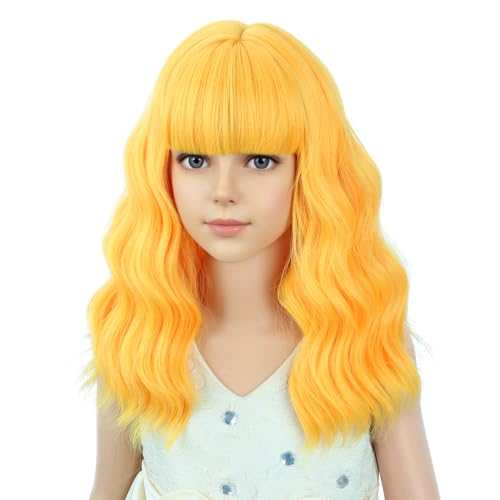 Image of PATTNIUM Yellow Curly Wig for Kids Girls Short Wavy Wigs with Bangs Shoulder Length Wavy Heat Resistant Synthetic Wig