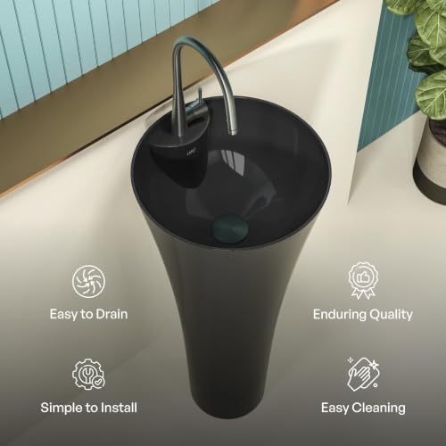 Image of LAPO Pedestal Wash Basin, Ceramic Standing Pedestal Wash Basin for Bathroom, One Piece Wash Basin for Bathroom and Living Room and Home 15x15x31.5 Inch, Black) -MID