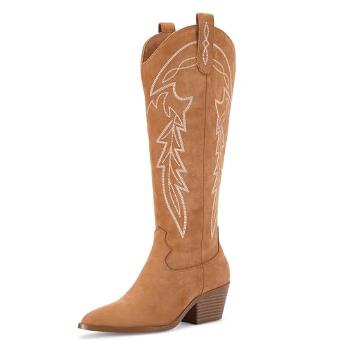 Image of LISYIIZ Women's Cowboy Boots, Knee High Western Pointed Toe Boots | Classic Western Style, Knee High Shaft, Pointed Toe, Western Embroidery, Block Heel, Side Pull Tabs, Pull On Construction