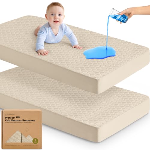 Image of 2-Pack Waterproof Crib Mattress Protector Cover Fitted - Quiet Baby Crib Mattress Pad Sheets, 52 inch x 28 inch Soft Quilted Cotton Baby Sheet, Machine Washable, Easy Fit, Durable (Oat /Mavy)