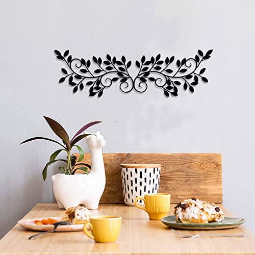 ESTART 2 Pieces Metal Tree Leaf Wall Decor Vine Olive Branch Leaf Wall Art Wrought Iron Scroll Sculptures for Above the Bed, Living Room, Bathroom, Hallway, Office, Outdoor Decoration (Black)