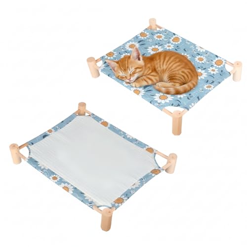 GIIPET 猫 ベッド ペットベッド ハンモック 【接触冷感/綿麻リバーシブル】 オールシーズン 猫用 犬用ベッド 木製 脚付き 通気性 湿気対策 洗える 安定性 小型犬にも対応 (デイジー柄, 18kg以内)