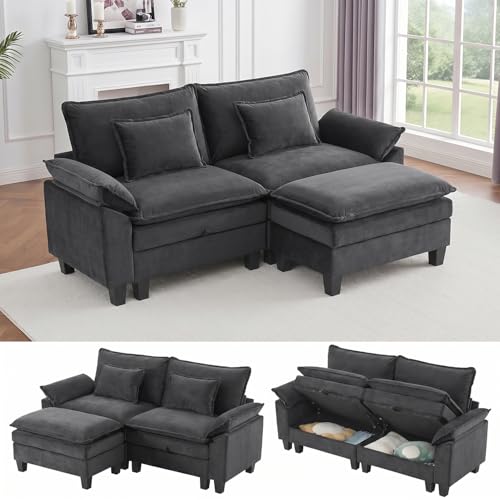 Image of IPKIG 82.3 inch Modular Cloud Couch with Storage, L Shaped Sectional Sofa with Ottoman & Pillow, Velvet Deep Seat Sectional Couches for Living Room, Apartment, Dark Grey