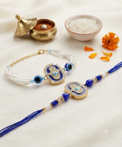 Image of Rakhi for Brother and Bhabhi Set of 2, Designer Rakhis for Rakshabandhan, Bhaiya Bhabhi Rakhi Set for Rang Panchami, Best Wishes Greeting Card and Tillak Set, Premium Thread Raki for Him