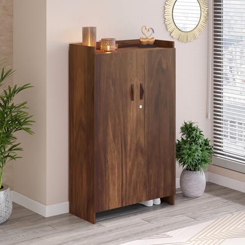 Image of BLUEWUD Brooklyn Tall Engineered Wood 2 Doors with Lock Shoe Rack Cabinet Slipper Footwear Stand Organizer can Store Up to 24 Pairs for Home, DIY (Do it Yourself) (Brown Maple) (Size Upto UK 9)