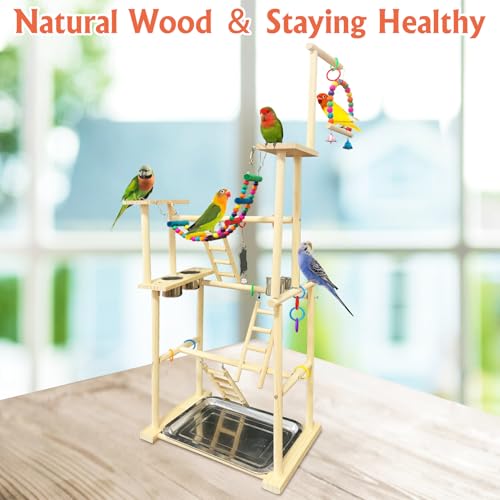 Image of Hamiledyi Natural Wood Bird Playground Stand with 4 Large Layers - Exercise Perch for Parrots Cockatiels and Small Birds Indoor Bird Activity Center with Ladders and Swings