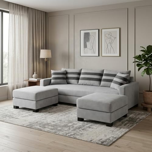 Image of Kassian Rich Velvet Suede 3 Seater Sofa Set with 2 Ottomans | Spacious Soft Touch Comfort Seating | Modern Sofa for Living Room - Light Gray