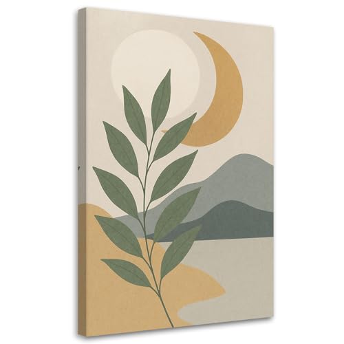 Feeby - Tableaux - Deco Tableau Murale - Feuille Luna Minimalisme Beige Gris - 40x60 1partie - Pour la Chambre et le Salon - Pour Chaque Pièce de Votre...
