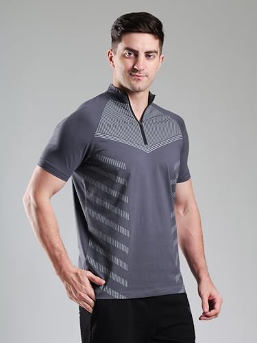 Image of GROW Stylish Aeroflex Zip T Shirt for Men Workout | Cotton and Spandex Quarter Zip Back Printed Collar T-Shirts for Men Half Sleeves