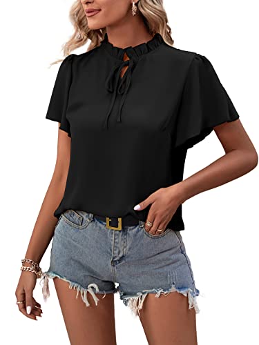Image of LYANER Women's Elegant Frill Mock Neck Ruffle Short Sleeve Blouse Work Shirt Top