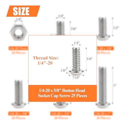 Image of 25 Pieces 1 /4-20 x 5 /8 inch Button Head Socket Cap Screws Bolts, HELIFOUNER 304 Stainless Steel (18-8) Screws, Bright Finish, Fully Threaded