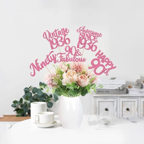Image of 15 PCS 90th Birthday Centerpiece Sticks Ninety Happy 90 Vintage 1936 Table Flower Centerpieces Sticks Cheers to 90 Fabulous Floral Decorations for 90th Birthday Party Supplies Pink