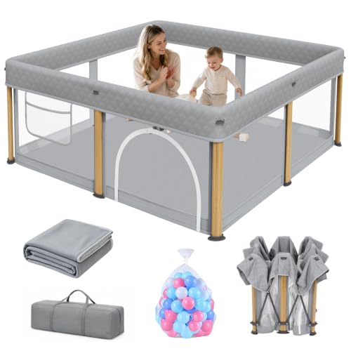 Image of TOREVSIOR Baby Playpen, 50 x 50 inches, Portable Play Yard with Carry Bag Foldable Design, Gray | Playpen for Babies and Toddlers,Indoor & Outdoor Kids Safety Play Pen, Portable Play Yard, Baby Playpen with 50 Ocean Balls