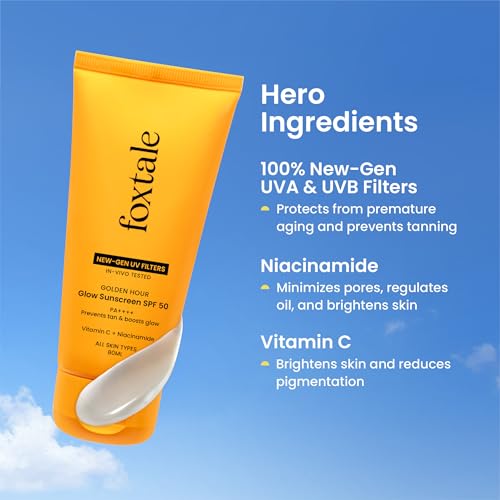 Image of Foxtale Glow Sunscreen SPF 50 PA++++ with Vitamin C & Niacinamide, In-Vivo Tested, Sensitive-Skin Friendly, Made with 100% New-Gen Filters, Lightweight, Non-Greasy, No White Cast |For Men & Women| All Skin Type | 80 Ml