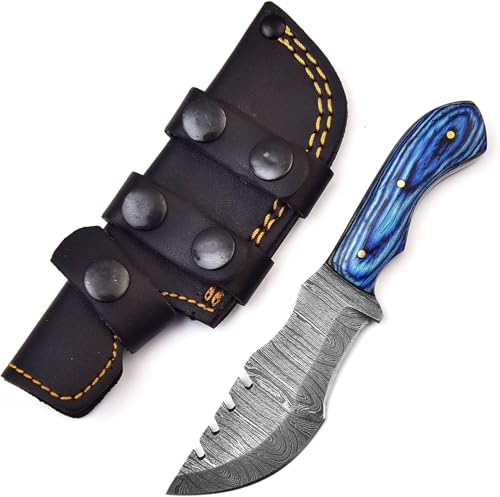 BNAZIND Damascus Tracker Knife Horizontal Carry Knife Scout Carry Knife with Sheath Fixed Blade Hunting Knives for Men (Blue Wood)