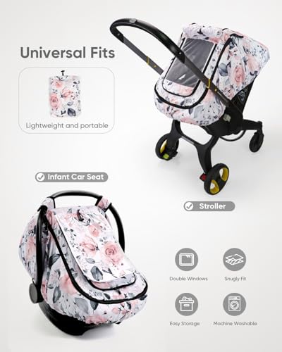 Image of Car Seat Cover Baby Girls, Infant Car Seat Canopy Outdoor, 2 Layers with Mesh and Sun Shade Window for Summer Winter, Easy Access Carseat Covers Snug Fit Baby Stroller - Pink Floral