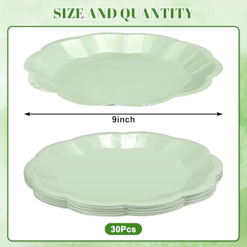 Image of NatNarr 30 Pcs Sage Green Paper Plates, 9 Inch Scalloped Paper Plates Green Dessert Dinner Plate Cute Party Plate Disposable Party Supplies for Wedding, Baby Bridal Shower, Birthday