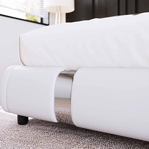 Keyluv Modern Faux Leather Upholstered Platform Bed Frame With Metal Decoration Headboard, Curved Headboard, Wooden Slats Support, No Box Spring Needed, Full Size, White #TOP5