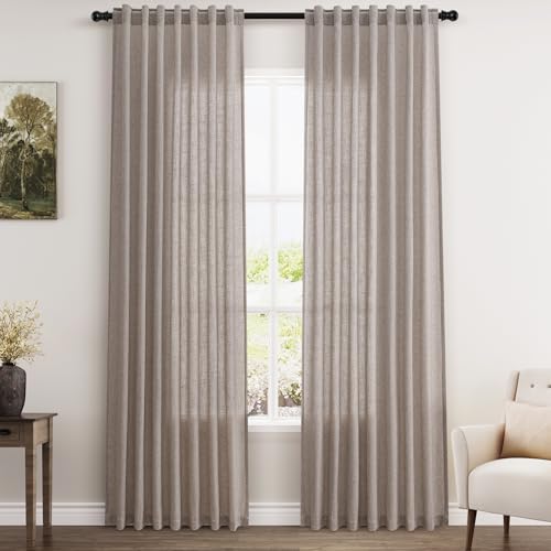 Image of Brownish Grey Linen Curtains 84 Inches Long for Bedroom Back Tab Light Filtering Privacy Semi Sheer Curtains Modern Farmhouse Decor Cotton Textured Curtain for Living Room 2 Panels Set 52x84 Inch