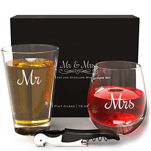 Mr Mrs Beer and Wine Glass Set and Bottle Opener, Funny Beer