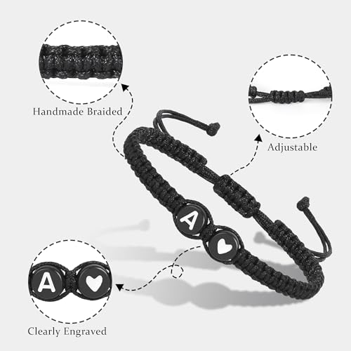 Initial Letter Bracelet for Women Men, Alphabet Handmade Black Adjustable Braid Rope Heart Bracelet, Jewelry Gifts for Daughter Mother's Day Mom Sister4