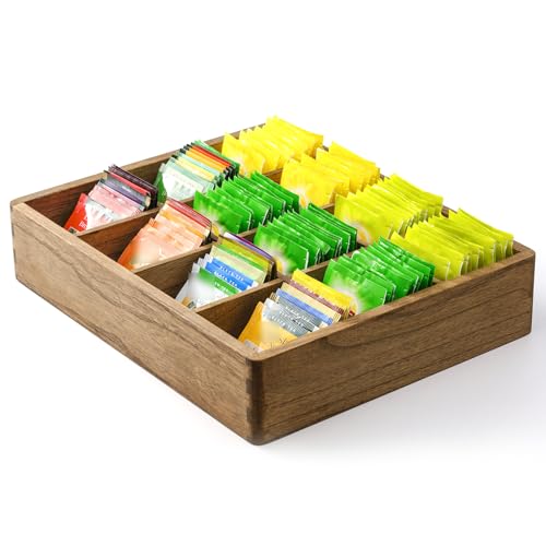 KIRIGEN Holz Teebox Organizer mit 12 Fächern - Teebeutel Aufbewahrungsbox für Küche, Büro & Zuhause - Vielseitige Teebeutelhalter aus Massivholz für Teebeutel, Kaffee & Gewürze gelb-braun