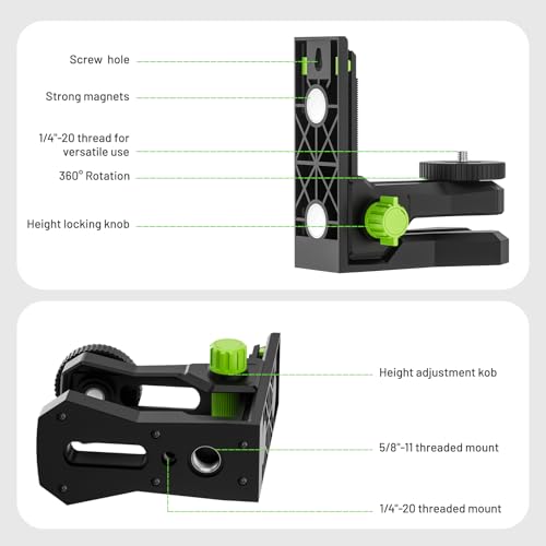 Image of Huepar Fine-tuning Bracket for Line and Point Laser Levels, 1 /4 inch-20 Male Thread L-Shape Magnetic Pivoting Base with 1 /4 inch-20 and 5 /8 inch-11 Female Threaded Mounts on Bottom for Wall & Ceiling Mount - PV12