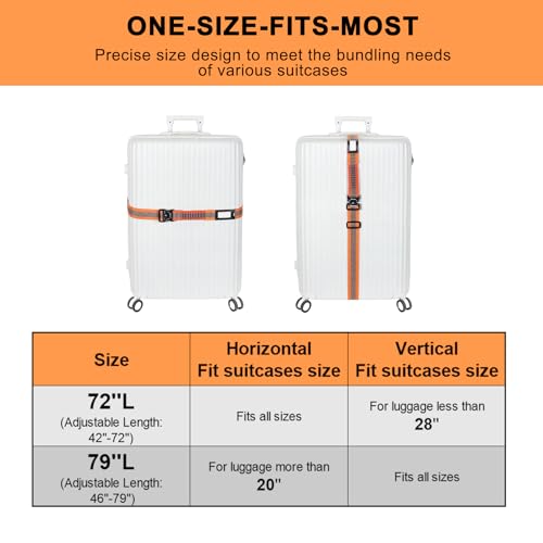Vigorport Luggage Straps for Suitcases 2 Pack, Heavy Duty Metal Buckle Luggage Belt Strap, TSA Approved Suitcase Belt, Stretchable Travel Strap for Luggage (Orange, 72\'\'L & 79\'\'L)
