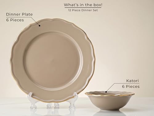 Image of Bodhi House 12-Piece Gold Rim Porcelain Dinner Set | Plates & Bowls Set | Lightweight, Chip Resistant, | Dishwasher Safe | Ideal for Home Dining & Gifting Set | Thunder Grey