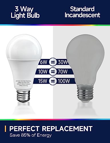 UNILAMP 3 Way LED Light Bulbs, 30/70/100W Equivalent, Daylight White 5000K, A19 Three Way Light Bulbs with E26 Medium Base, 2 Pack for Desk and Floor Lamps