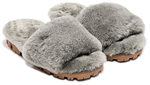 Natural Women's Charlotte Sheepskin Fur Flat Slide Sandals Open Toe Furry Slippers Soft Comfortable Fluffy Indoor Outdoor Slip-Ons, Cushioned EVA Sole