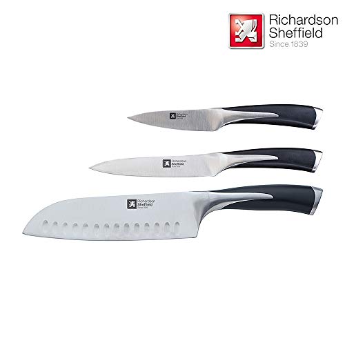 Richardson Sheffield Kyu messenset, groentemes, universeel mes en santokumessen, messenset, professionele messen, antislip greep, chroom-molybdeen-vanadium staal, zilver/zwart, 3-delig - Image 3