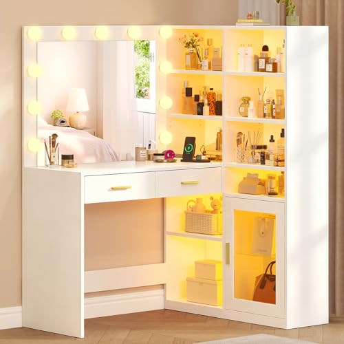 Corner Vanity Desk with Lighted Mirror & 9 Open Storage Shelves L-Shaped Vanity with Charging Station & RGB Cabinet White Makeup Vanity with Drawers Large Makeup Desk with Storage for Bedroom