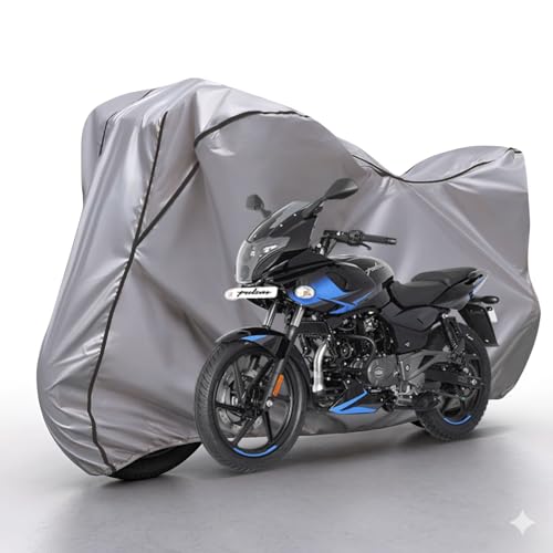 Image of Waterproof Bike Body Cover Compatible with Bajaj Pulsar 220f Dustproof Scratchproof - Motorcycle Cover for Two Wheeler, Outdoor Full Cover with UV, Duty, Rain Protection (Silver & Black) R1
